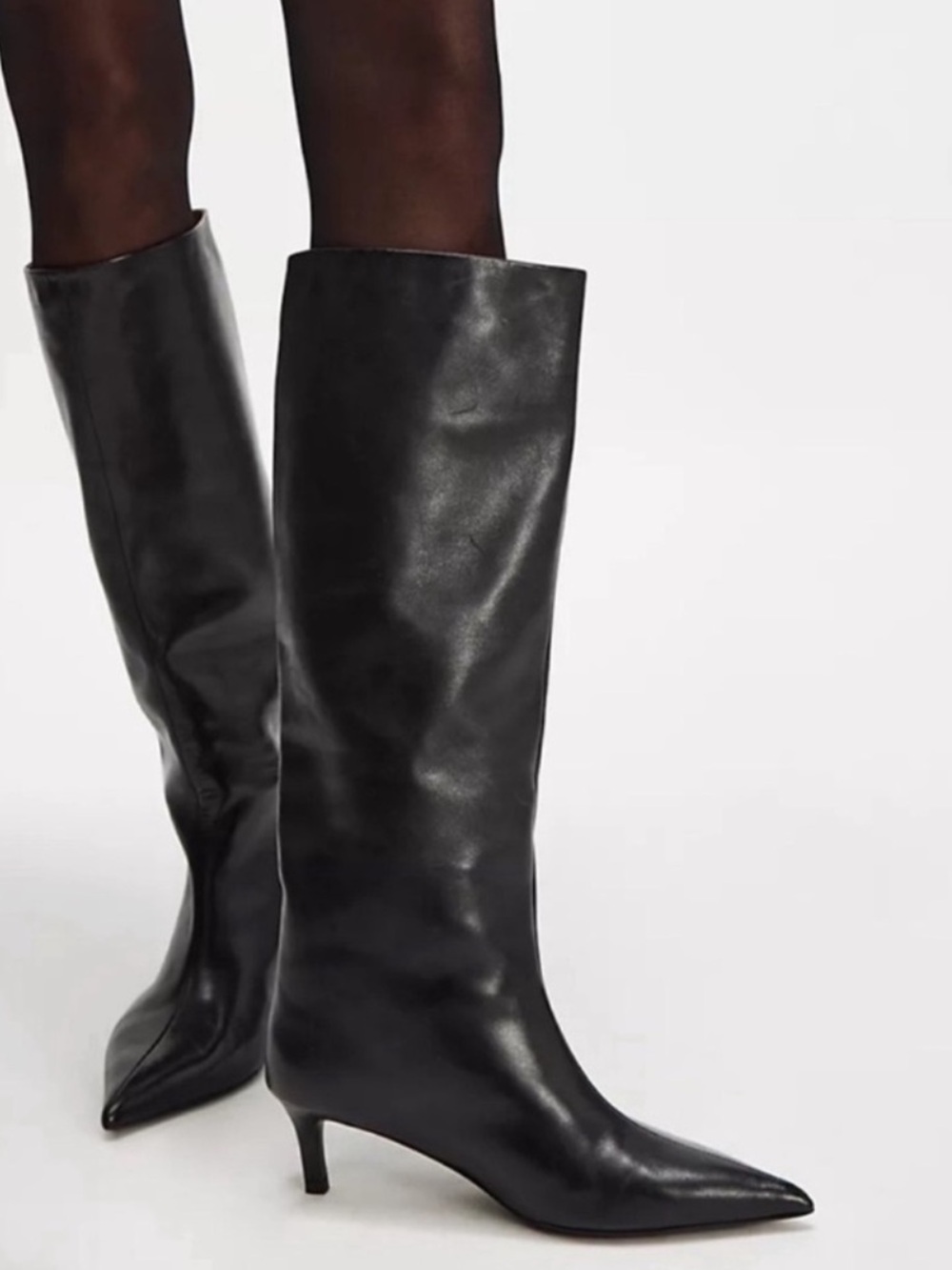 Free People Black Kiki Niki Knee High Kitten Heel Boots Leather Size 9.5